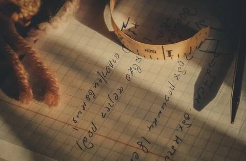 Close-up of a notebook with notes on knitting. Composition with knitting needles Stock Photos