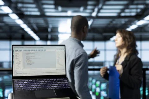 Close up of notebook in server room used by professional programmers Foto stock