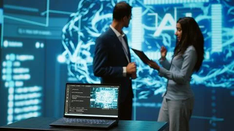 Close up of notebook used by employees developing AI systems in tech startup Foto stock