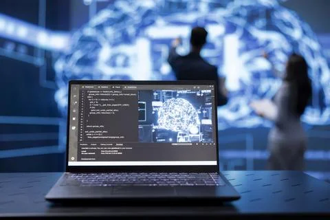Close up of notebook used by programmers team to do AI data mining Foto stock