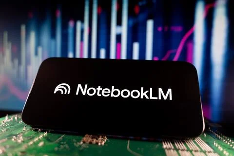Close up of NotebookLM logo on smartphone screen with financial chart background Stock Photos