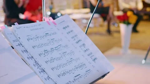 Close-up of notes inserted into the music stand is shown. Spectators are seated Vidéo 153882431