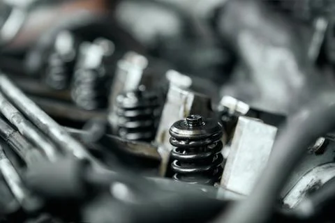 Close up of nozzle of car engine under opened bonnet Fotos de archivo