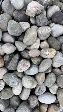 A close up of numerous smooth rounded pebbles in muted gray brown and green h Stock Photos