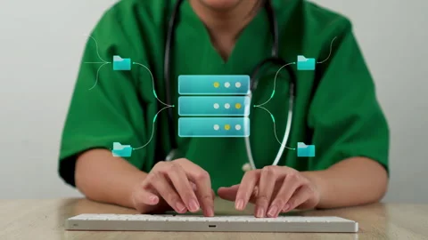 Close-up of nurse typing on keyboard with floating 3D server database and media Video stock 347638546