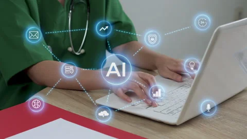 Close up of nurse typing on laptop while visualization of artificial Stock Footage 345844211