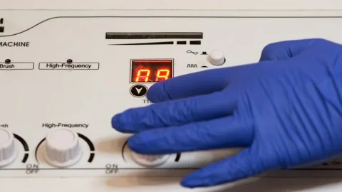 A close-up of a nurse's hand in blue rubber gloves turns facial steamer. Stock Footage 148173886