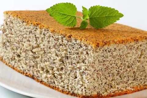 Close up of nutty cake slice with mint garnish Stock Photos