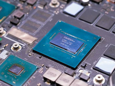 Close-up of NVIDIA Graphics Card Processor on Laptop Motherboard 写真素材