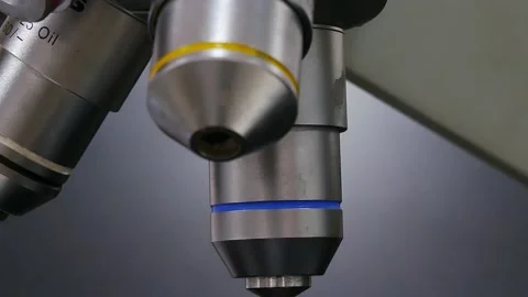 Close up objective lens Microscope in laboratory. Stock Footage 156596075