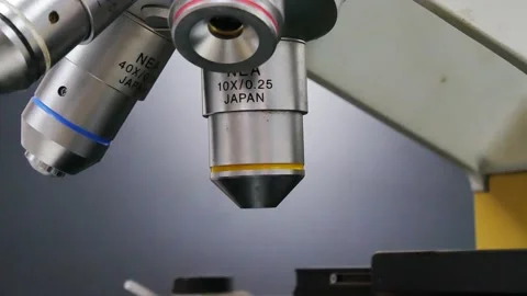 Close up objective lens Microscope in laboratory. Stock Footage 156596106