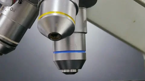 Close up objective lens Microscope in laboratory. Stock Footage 156596145