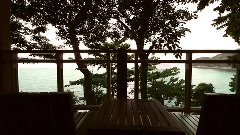 Close Up Ocean View From Luxury Terrace With Seats, Static Background Vídeos de archivo 79705800