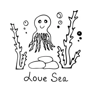 Close-up of an octopus with algae, air bubbles and stones. Lettering Love sea Stock Illustration