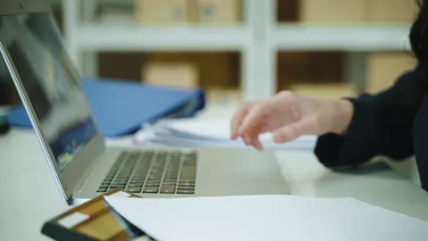 Close-up, office workers are busy printing documents on laptops. Stock Footage 160573846