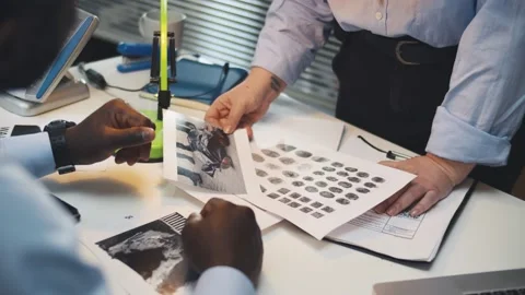 Close up of officers comparing fingerprints with database of criminals on paper Stock Footage 142804370