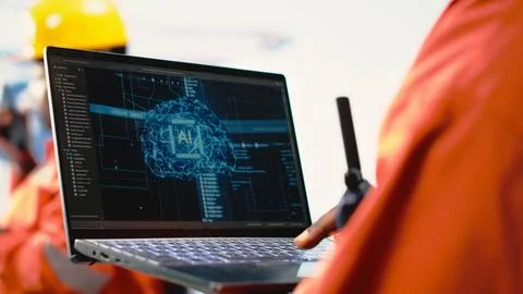 Close up of offshore platform professional using AI tech software on laptop Stock Photos