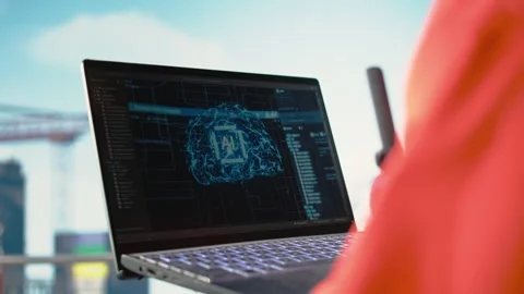 Close up of offshore platform worker using AI on laptop Stock Footage 319973399