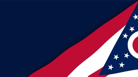 Close up of the Ohio state flag on a dark blue background. Stockfoto's