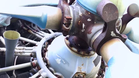 A close-up of an old aircraft engine showing rust and breakage. Visible radiator Video stock 155780155