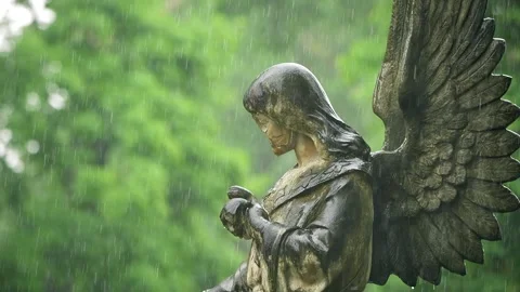 Close up of an old Angel statue at the Bernardine Cemetery on a rainy day Stock Footage 336734070