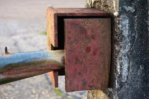 Close up old boundary gate lock for security Stock Photos