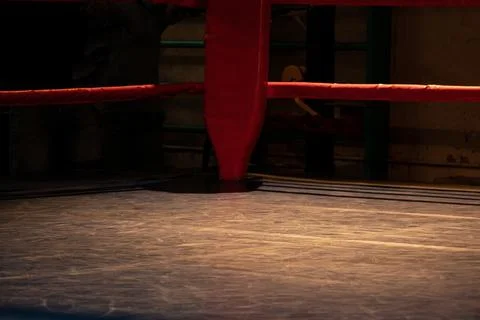 A close-up of an old boxing ring with ropes at a gym Stock Photos