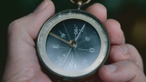 Close up on old compass instrument in hand. shot in slow motion Video stock 97459852