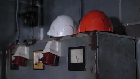 Close-up of an old control panel with measuring instruments and old helmets. Stock Footage 288335127