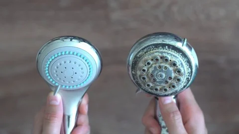 Close-up of old dirty shower head and new clean shower head Видео 74830401