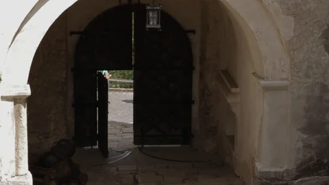 Close up of the old door and window in the old building in garden sky beautiful Stock Footage 98217246