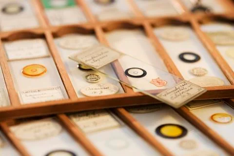 Close up of old fashioned microscope slides Stock Photos