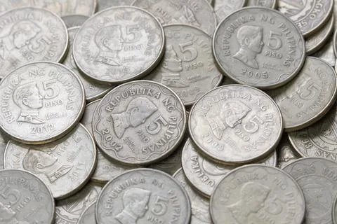 Close up of old Five Piso Philippine coins Stock Photos