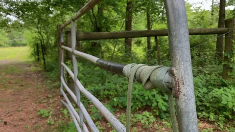 Close up old horse gate open tree covered Stock Footage 109140344