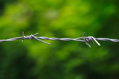 Close-up of an old iron barbed fence and a soft focus green bokeh background Stock Photos