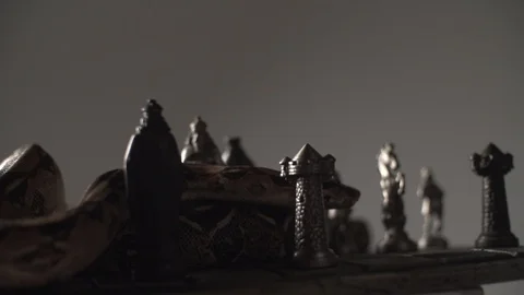 Close up of old iron chess board with a snake. Studio super slow motion Stock Footage 101865677