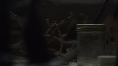 Close up of old jar and random objects on table in industrial warehouse Vídeo Stock 104503441