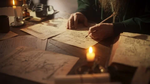 Close Up Old Man Writing with Quill Stockbeeldmateriaal 244228312