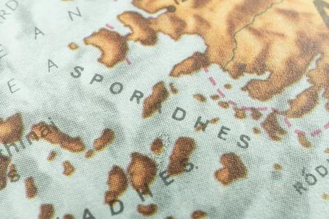 Close-up of old map shows islands, likely Mediterranean Place names like Es.. Stock Photos