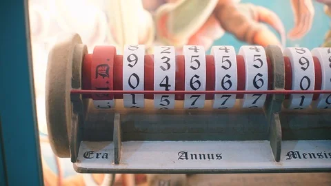 Close-up of an old mechanical calendar dial. Stock Footage 120951661