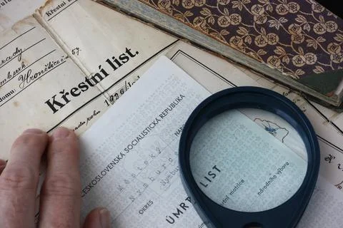 Close up of old personal documents - birth and death certificate - written .. Stock Photos