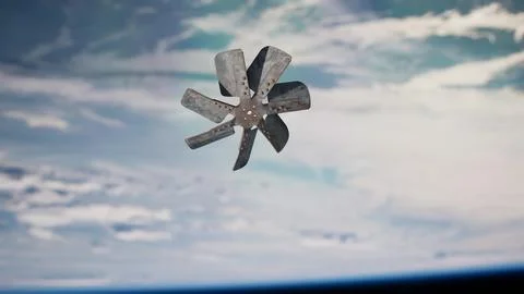Close Up of an Old Propeller on a Plane, Flying Through Space and Orbiting .. Stock Illustration