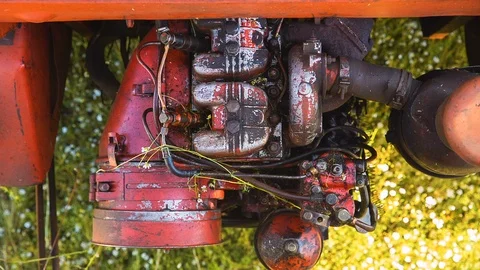 Close up of an old red motor Stock Footage 93124163