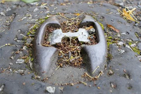Close-up of old road stud or catseyes embedded in asphalt of a disused road Stock Photos