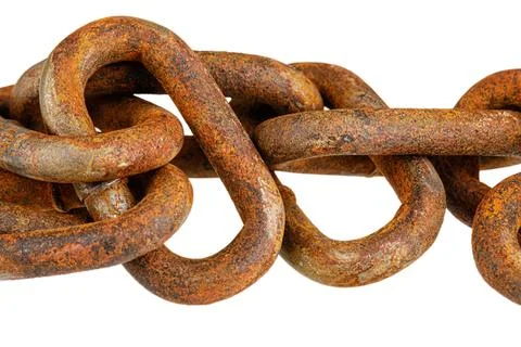 Close up of old rusting chain isolated white background Foto stock