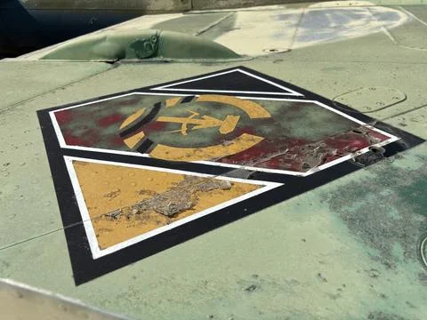 Close up of old rusty and weathered aircraft panels in junkyard Stock Photos