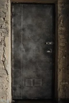 A close-up of an old, rusty, heavy, iron door in a brick wall. Selective focus. Stock Photos