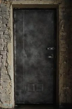 A close-up of an old, rusty, heavy, iron door in a brick wall. Selective focus. Stock Photos
