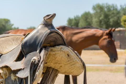 Close Up of Old Saddle on Blur Background in a Sunny Day Stockfoto's