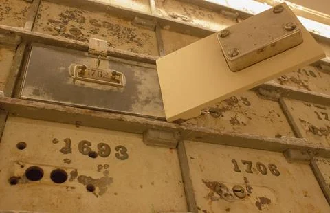 Close-up of old safe deposit boxes in the old vault of the Central Bank Stock Photos